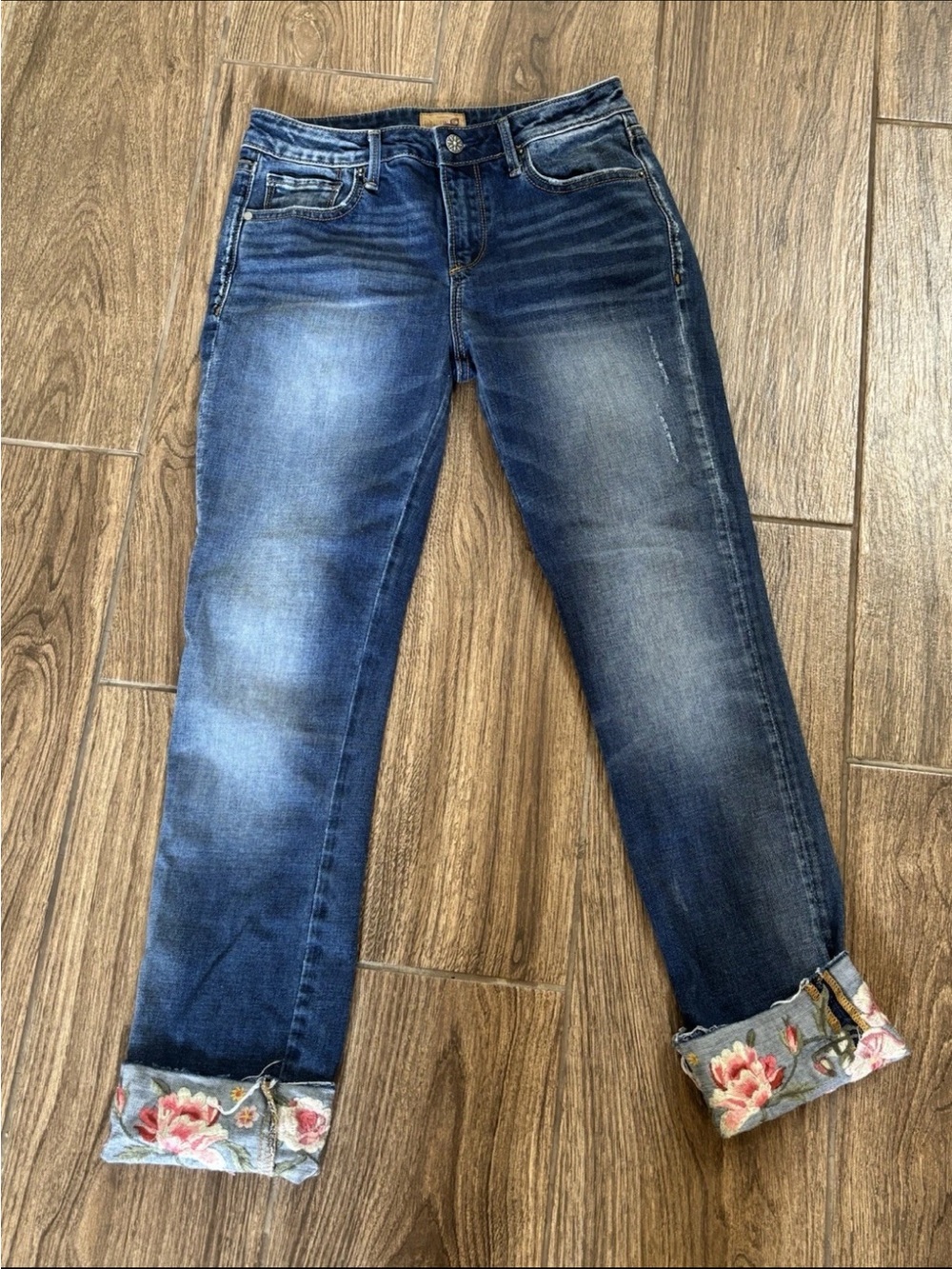 Driftwood Colette Jeans Womens 26 Floral Embroidered Cuff Straight Leg